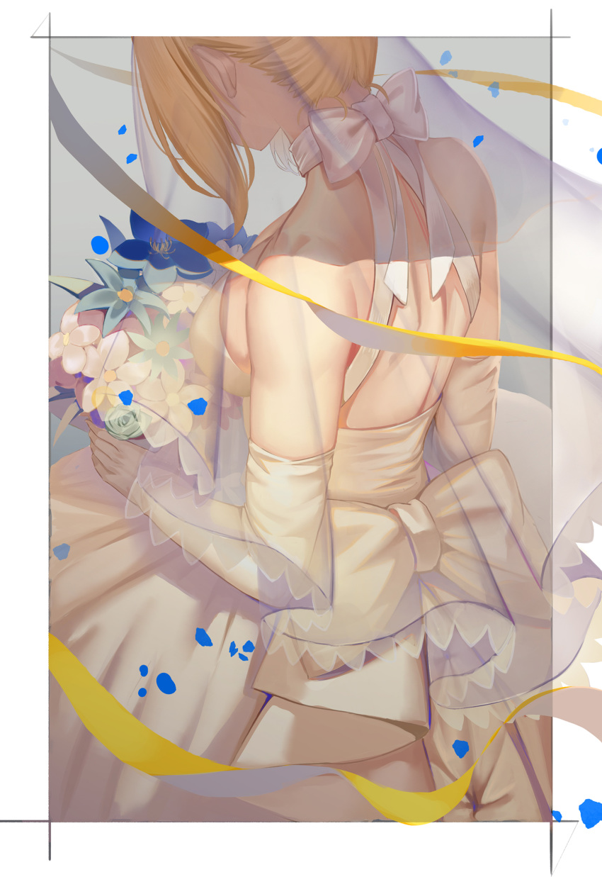artoria_pendragon_(all) blonde_hair blue_flower bouquet bow breasts bridal_veil commentary_request dress elbow_gloves facing_away fate/grand_order fate_(series) flower gaoyang_ou_nisang gloves head_tilt highres holding holding_bouquet md5_mismatch medium_breasts ribbon saber see-through solo strapless strapless_dress veil wedding_dress white_bow white_dress white_flower white_gloves yellow_ribbon