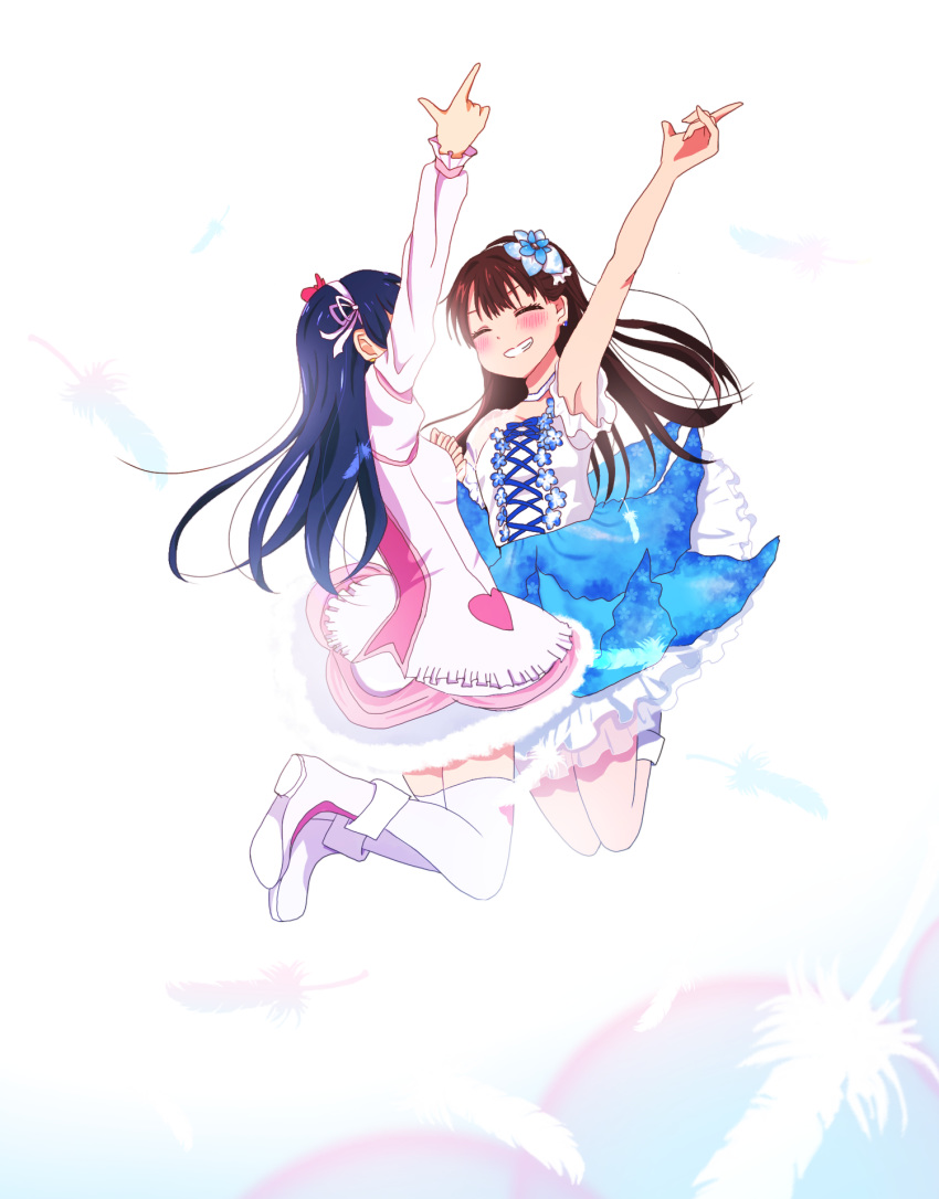 blue_hair bokutachi_wa_hitotsu_no_hikari brown_hair closed_eyes commentary_request dress feathers flower hair_between_eyes hair_flower hair_ornament highres ignition1955 jumping long_hair love_live! love_live!_school_idol_festival love_live!_school_idol_project mimori_suzuko multiple_girls seiyuu seiyuu_connection skirt smile sonoda_umi thighhighs