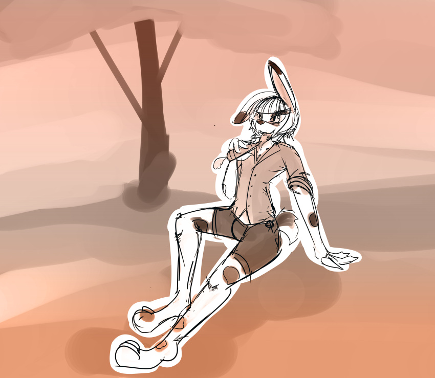 2016 anthro biped bottomwear brown_bottomwear brown_clothing brown_topwear carrot clothed clothing detailed_background digital_media_(artwork) digital_painting_(artwork) dirtyscoundrel food fully_clothed hi_res holding_object lagomorph licking male mammal rabbit rolled_up_sleeves shorts sitting sketch tongue tongue_out topwear tree vegetable