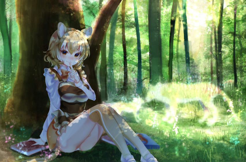 absurdres animal_ears blonde_hair blush book bow bowtie brown_eyes commentary day finger_to_mouth forest grass highres kemono_friends looking_at_viewer nature noah_(noxxxmo) outdoors panties panty_peek shade shoes short_hair shushing silhouette sitting solo thighhighs thylacine_(kemono_friends) thylacine_ears thylacine_tail tree under_tree underwear white_footwear white_panties