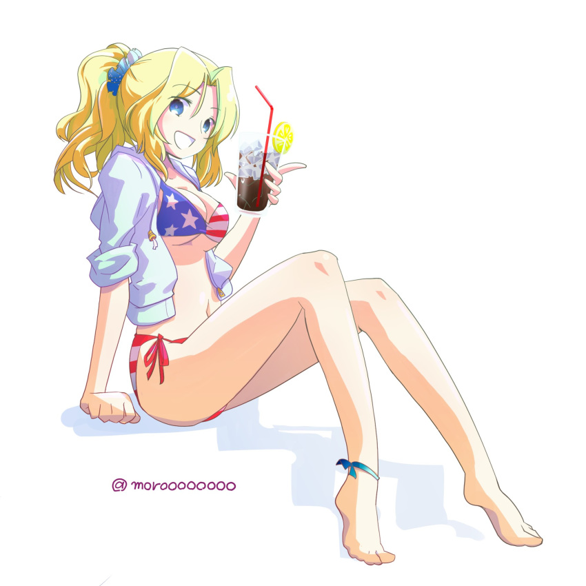 :d alternate_hairstyle american_flag_bikini anklet arm_support bikini blonde_hair blue_eyes blue_jacket blue_scrunchie breasts cleavage commentary_request drinking_straw eyebrows_visible_through_hair flag_print food fruit full_body girls_und_panzer glass hair_intakes hair_up highres holding hood hooded_jacket hoodie ice index_finger_raised invisible_chair jacket jewelry kay_(girls_und_panzer) lemon long_hair long_sleeves looking_at_viewer medium_breasts moro_(like_the_gale!) navel open_clothes open_jacket open_mouth scrunchie short_ponytail side-tie_bikini sitting sleeves_rolled_up smile solo swimsuit twitter_username underboob white_background