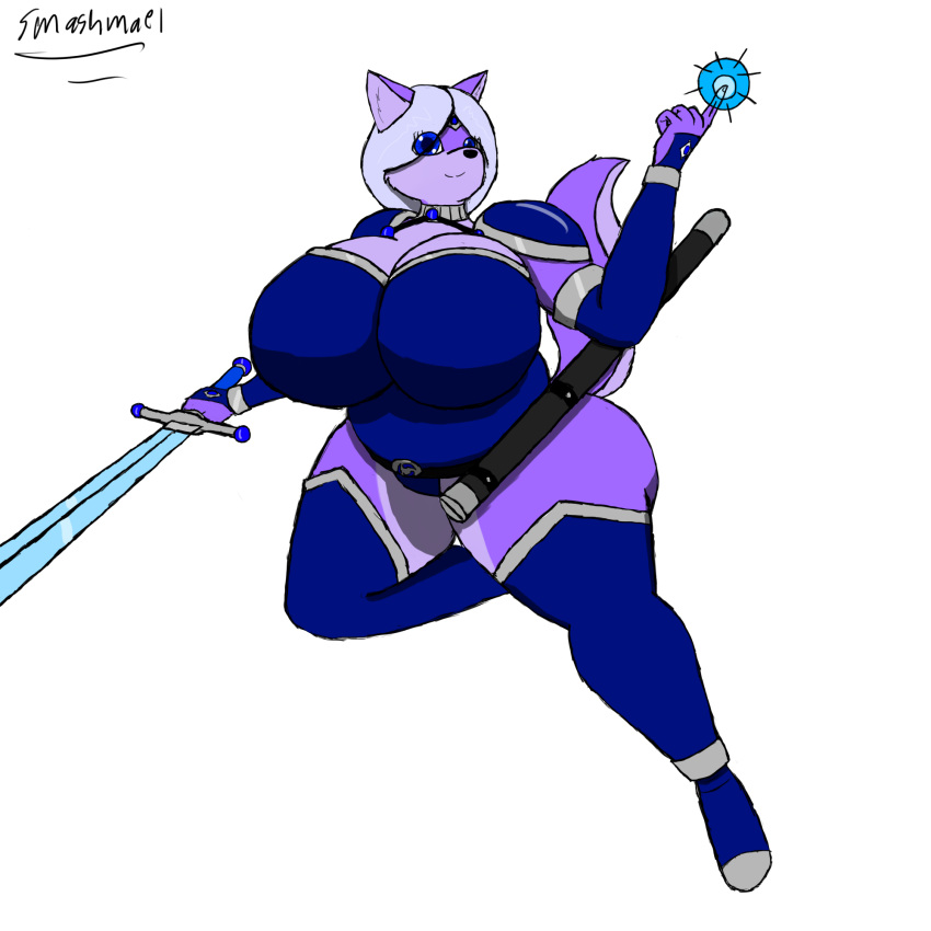 big_breasts breasts canine curvaceous female huge_breasts magic magic_user mammal melee_weapon overweight saphiril simple_background slightly_chubby smashmael sword valnyr weapon white_background wolf