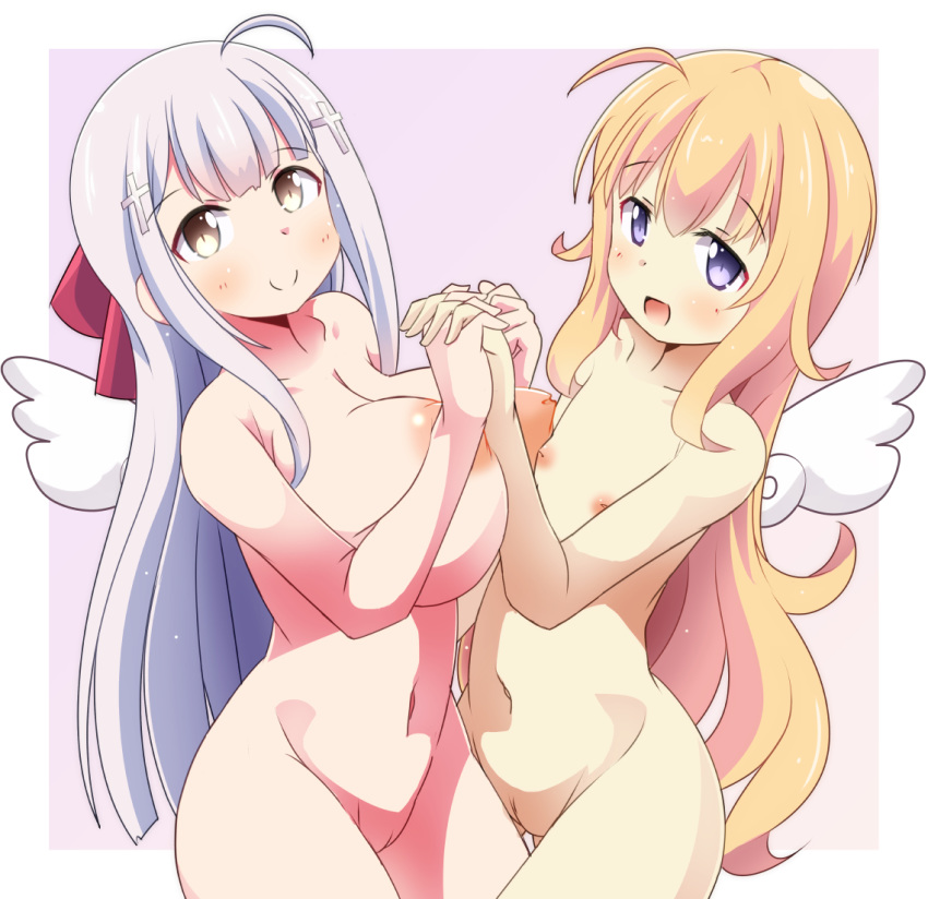 2girls ahoge angel areolae blonde_hair blue_eyes blush breasts brown_eyes closed_mouth collarbone cowboy_shot cross_hair_ornament female flat_chest gabriel_dropout hair_ornament hand_holding huge_breasts interlocked_fingers inverted_nipples long_hair looking_at_viewer looking_to_the_side multiple_girls naruse_mai navel nipples nude open_mouth outside_border pussy shiraha_raphiel_ainsworth silver_hair smile tenma_gabriel_white uncensored wings