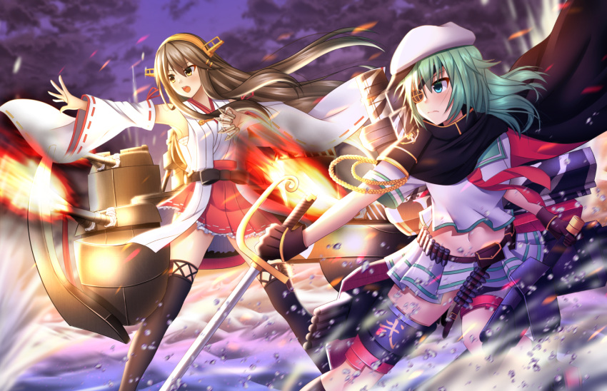 afloat black_legwear cape cloud cloudy_sky commentary_request detached_sleeves eyepatch green_eyes green_hair grey_eyes grey_hair hair_ornament hairband hairclip haruna_(kantai_collection) hat holding holding_sword holding_weapon horizon kantai_collection kiso_(kantai_collection) long_hair machinery multiple_girls navel nontraditional_miko ocean pleated_skirt remodel_(kantai_collection) sarashi school_uniform serafuku skirt sky sword thighhighs turret twilight utsuki_(blackgoat1229) weapon wind zettai_ryouiki