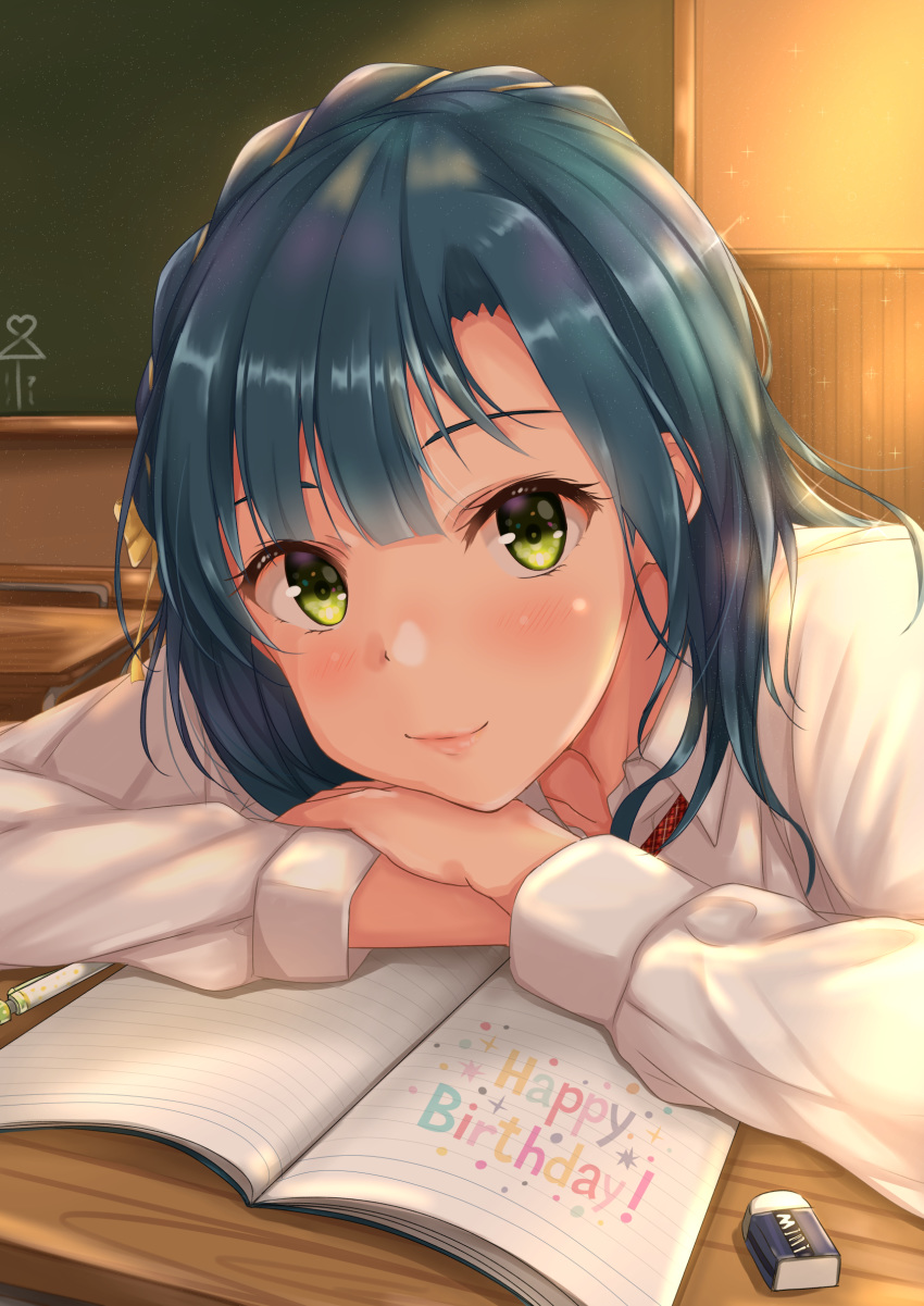blue_hair blush book chalkboard classroom closed_mouth commentary happy_birthday highres idolmaster idolmaster_million_live! idolmaster_million_live!_theater_days looking_at_viewer nanao_yuriko open_book short_hair smile solo yellow_eyes yuzuyu_(hyui)