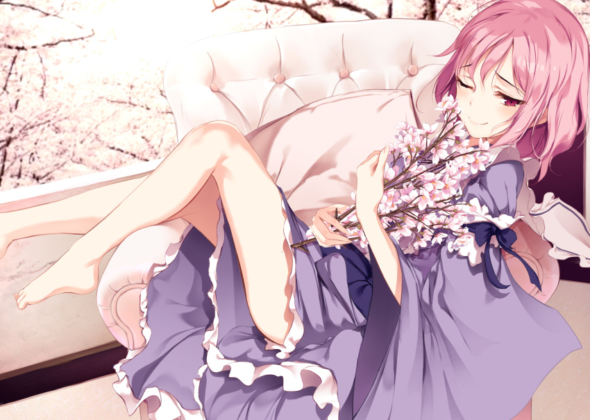 arm_garter bangs bare_legs barefoot blue_dress blue_kimono blue_ribbon blush cherry_blossoms couch cushion dress eyebrows_visible_through_hair eyes_visible_through_hair fallen_heaven flower frills highres holding holding_flower japanese_clothes ke-ta_(style) kimono lips long_sleeves looking_at_viewer lying no_hat no_headwear obi object_hug on_back on_couch one_eye_closed pink pink_hair red_eyes ribbon saigyouji_yuyuko sash short_hair smile solo tears touhou tree_branch wide_sleeves