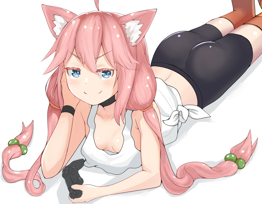 absurdres ahoge animal_ear_fluff animal_ears ass bike_shorts blue_eyes breasts cat_ears choker downblouse hair_bobbles hair_ornament head_rest highres hinata_channel low_twintails lying nekomiya_hinata ojun on_stomach orange_legwear pink_hair shorts small_breasts smile solo thighhighs twintails vest virtual_youtuber watch white_vest wristwatch