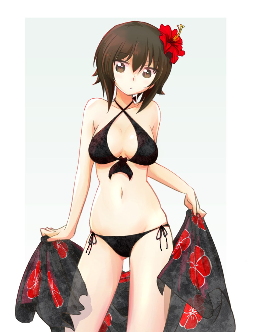 ass_visible_through_thighs bangs bikini black_bikini breasts brown_eyes brown_hair closed_mouth commentary_request cowboy_shot criss-cross_halter eyebrows_visible_through_hair flower front-tie_bikini front-tie_top girls_und_panzer grey_background hair_flower hair_ornament halterneck highres holding looking_at_viewer medium_breasts moro_(like_the_gale!) nishizumi_maho sarong short_hair side-tie_bikini solo standing swimsuit