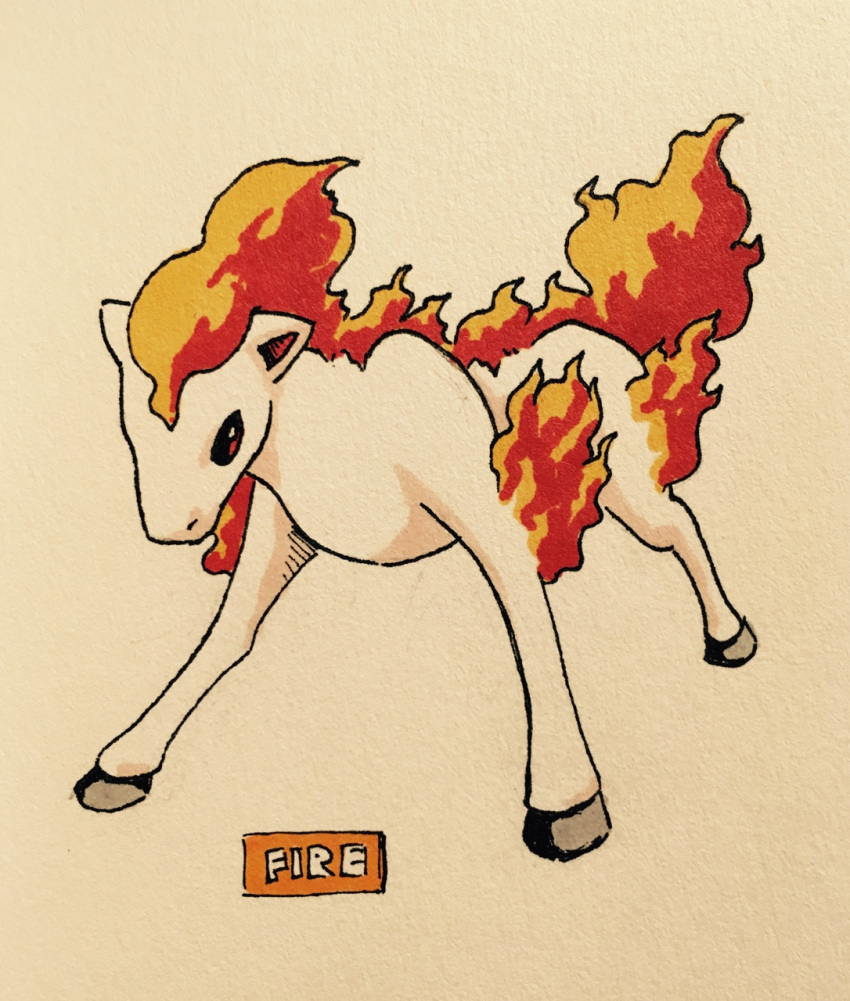 2016 ambiguous_gender black_eyes english_text equine feral fire firefightdex flaming_hair flaming_tail front_view full-length_portrait grey_hooves hair hatching_(technique) hi_res hooves mammal mane marker_(artwork) mfanjul mixed_media nintendo no_sclera nude pen_(artwork) pok&eacute;mon pok&eacute;mon_(species) ponyta portrait quadruped shadow simple_background snout solo spread_legs spreading standing text toony traditional_media_(artwork) video_games white_background white_skin wide_stance