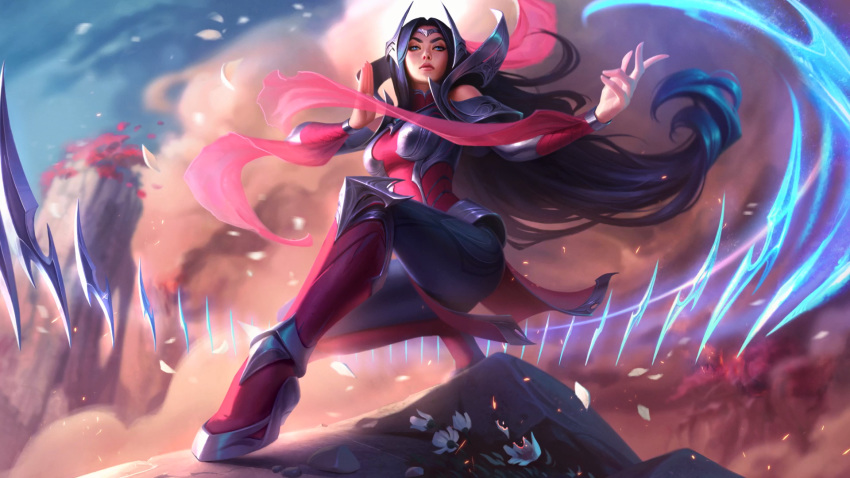 armor armored_boots bangs bare_shoulders black_hair blue_eyes blurry blurry_background boots breasts circlet cliff closed_mouth expressionless fighting_stance floating floating_hair floating_object floating_swords flower from_below full_body glowing headgear highres irelia jessica_oyhenart knee_boots kneeling league_of_legends lips long_hair long_sleeves looking_at_viewer medium_breasts official_art one_knee outdoors parted_bangs pauldrons red_footwear skin_tight sword thick_eyebrows tiara very_long_hair weapon white_flower