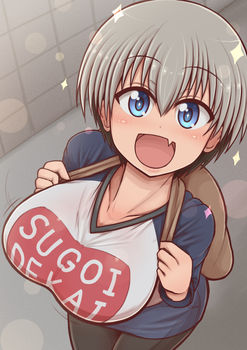 :d blue_eyes breasts clothes_writing commentary fang hair_between_eyes highres impossible_clothes large_breasts looking_at_viewer open_mouth pantyhose ponpo romaji short_hair silver_hair smile solo sparkle sparkling_eyes translated uzaki-chan_wa_asobitai! uzaki_hana