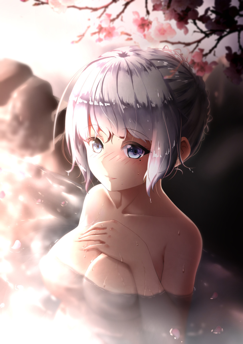 azur_lane blush breasts chahei cherry_blossoms commentary_request flower hand_on_own_chest highres illustrious_(azur_lane) large_breasts nude onsen partially_submerged silver_hair water