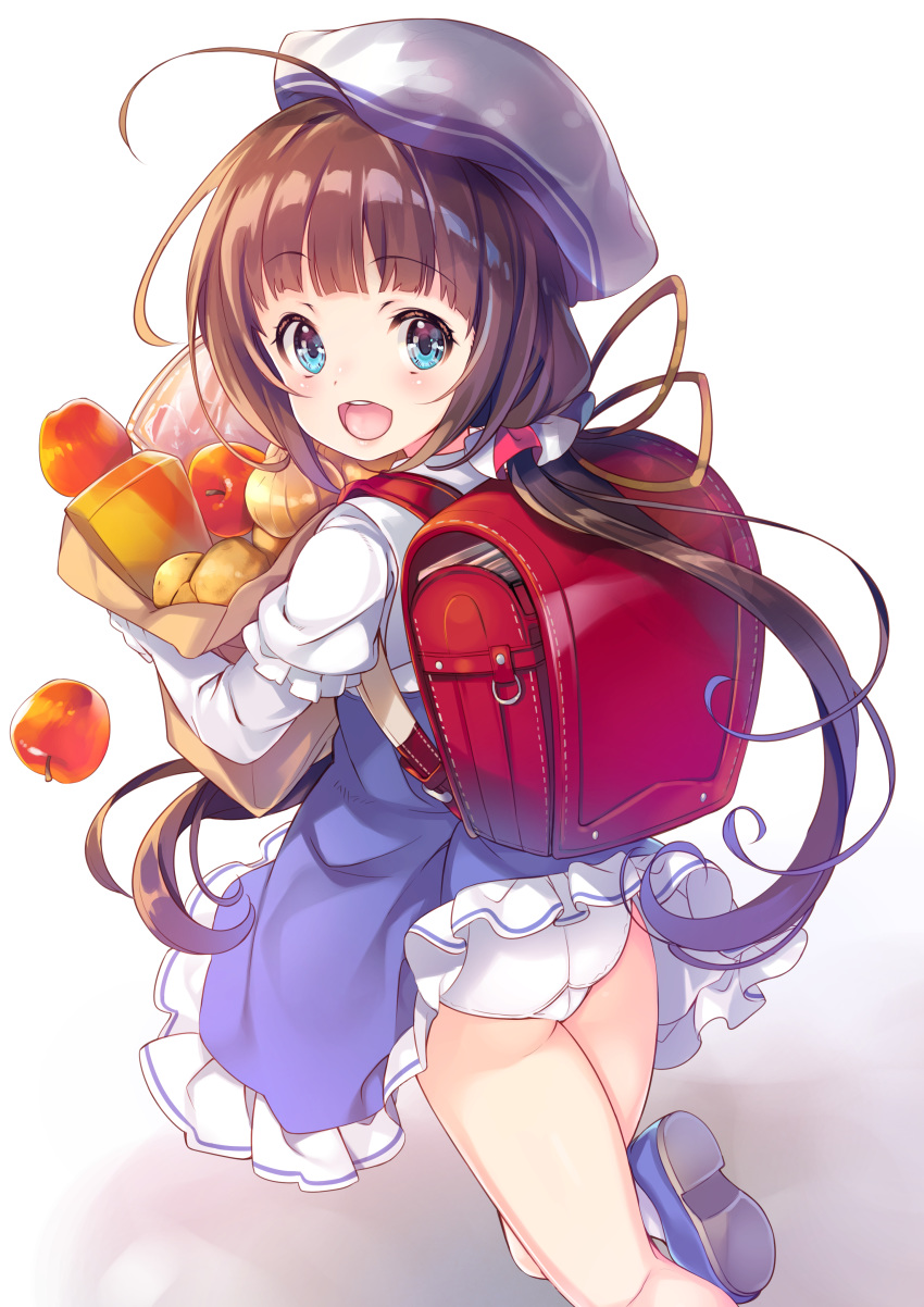 :d absurdres ahoge apple ass backpack bag beret blue_eyes brown_hair commentary_request eyebrows_visible_through_hair food from_behind fruit hat highres hinatsuru_ai long_hair looking_at_viewer looking_back mayuzaki_yuu onion open_mouth panties randoseru ryuuou_no_oshigoto! school_uniform simple_background smile solo standing standing_on_one_leg twintails underwear white_background white_hat white_panties