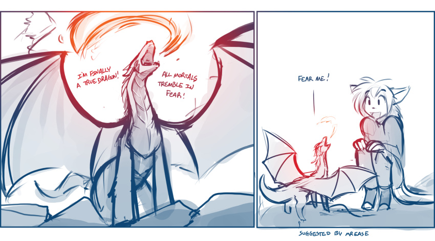 2018 anthro basitin clothed clothing comic crouching dialogue digitigrade dragon duo english_text female feral fire fire_breathing hi_res humor larger_female madelyn_adelaide mammal membranous_wings micro monochrome open_mouth post_transformation sarah_(twokinds) simple_background size_difference sketch smile spread_wings text tom_fischbach twokinds webcomic white_background wings