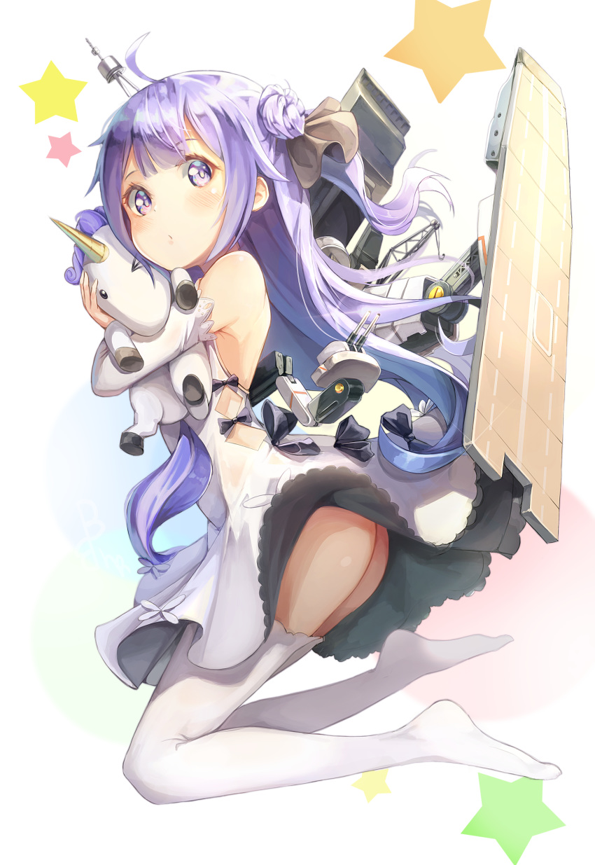 absurdres ahoge ass azur_lane black_bow blush bow commentary detached_sleeves dress eyebrows_visible_through_hair flight_deck full_body hair_bun highres hon_(neo2462) hug jumping long_hair looking_at_viewer no_shoes object_hug one_eye_closed purple_eyes purple_hair star starry_background stuffed_toy stuffed_unicorn thighhighs turret unicorn unicorn_(azur_lane) very_long_hair white_dress white_legwear