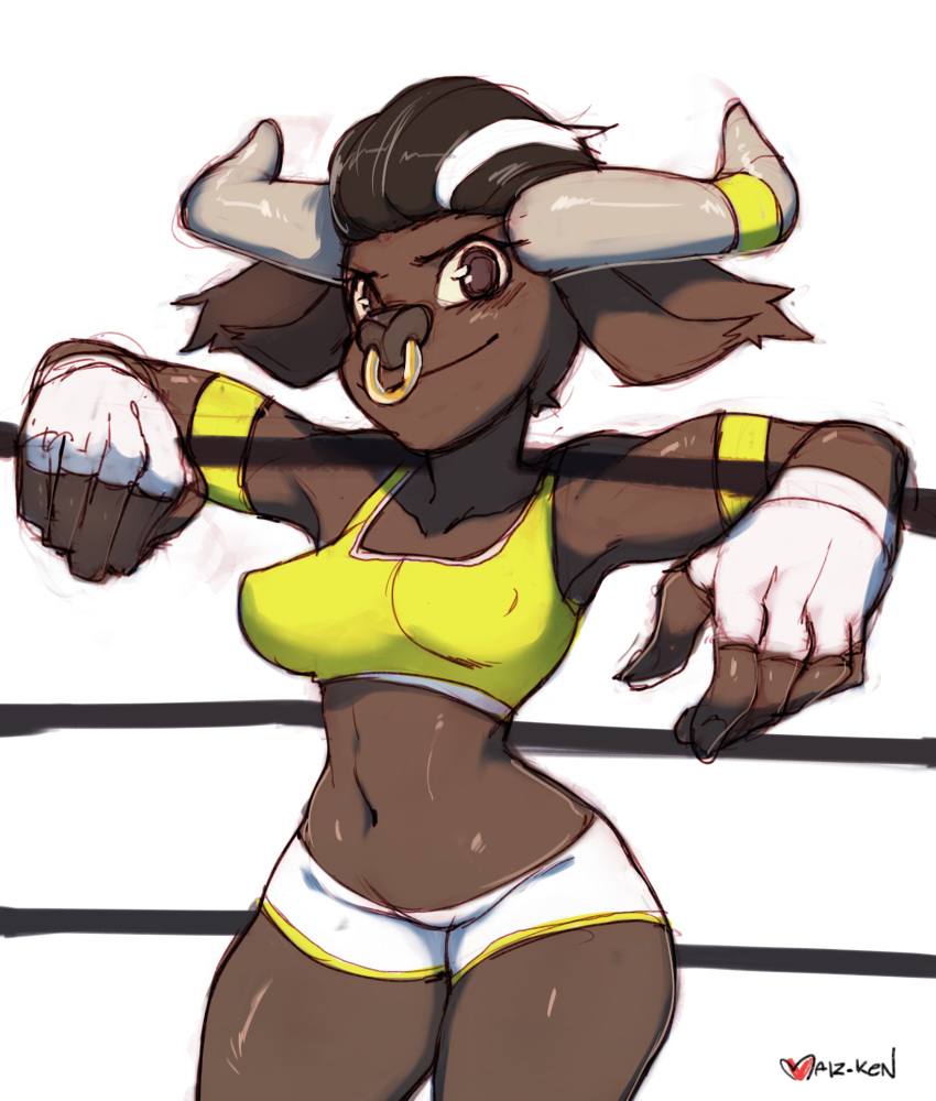 2016 anthro big_breasts bovine breasts brown_eyes cattle clothing facial_piercing female fingerless_gloves gloves hair hi_res horn looking_at_viewer maiz-ken mammal nose_piercing nose_ring piercing septum_piercing shorts simple_background smile solo white_background
