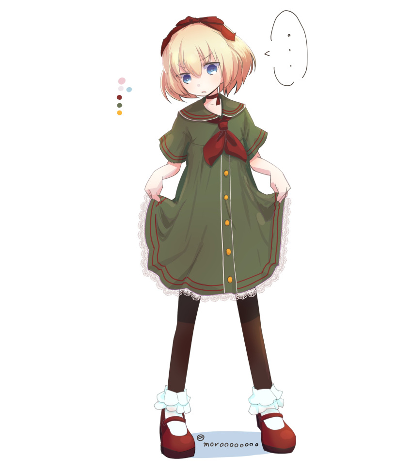 1girl absurdres bangs black_footwear black_legwear blonde_hair blue_eyes bobby_socks casual closed_mouth color_guide commentary_request dress eyebrows_visible_through_hair frown full_body girls_und_panzer hair_ribbon highres katyusha lace lace-trimmed_dress mary_janes medium_dress moro_(like_the_gale!) neckerchief pantyhose red_neckwear red_ribbon ribbon shoes short_hair short_sleeves skirt_hold socks solo spoken_ellipsis standing twitter_username white_background white_legwear