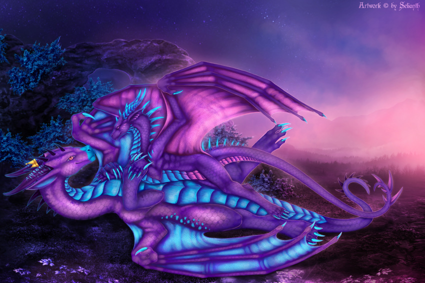 2018 claws detailed_background digital_media_(artwork) dragon duo female feral horn lying male membranous_wings on_back orange_eyes outside purple_scales scales selianth sines sky star starry_sky twilight wings
