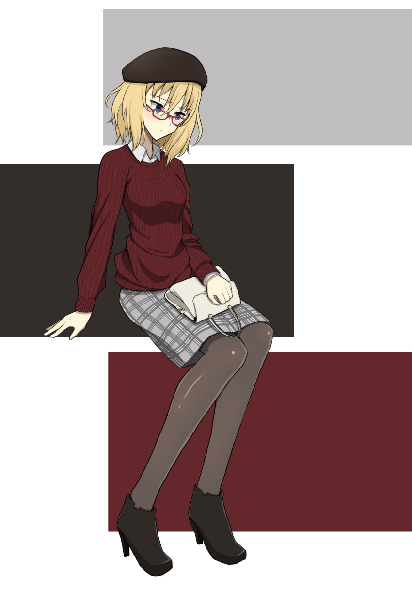 ankle_boots arm_support bag bangs beret bespectacled black_footwear black_hat black_legwear blonde_hair blue_eyes boots chinese closed_mouth commentary_request dress_shirt eyebrows_visible_through_hair full_body girls_und_panzer glasses grey_skirt handbag hat high_heel_boots high_heels highres holding invisible_chair light_frown long_sleeves looking_to_the_side medium_hair medium_skirt oshida_(girls_und_panzer) pantyhose plaid plaid_skirt red-framed_eyewear red_sweater ribbed_sweater scatter shirt sitting skirt solo sweater white_shirt wing_collar