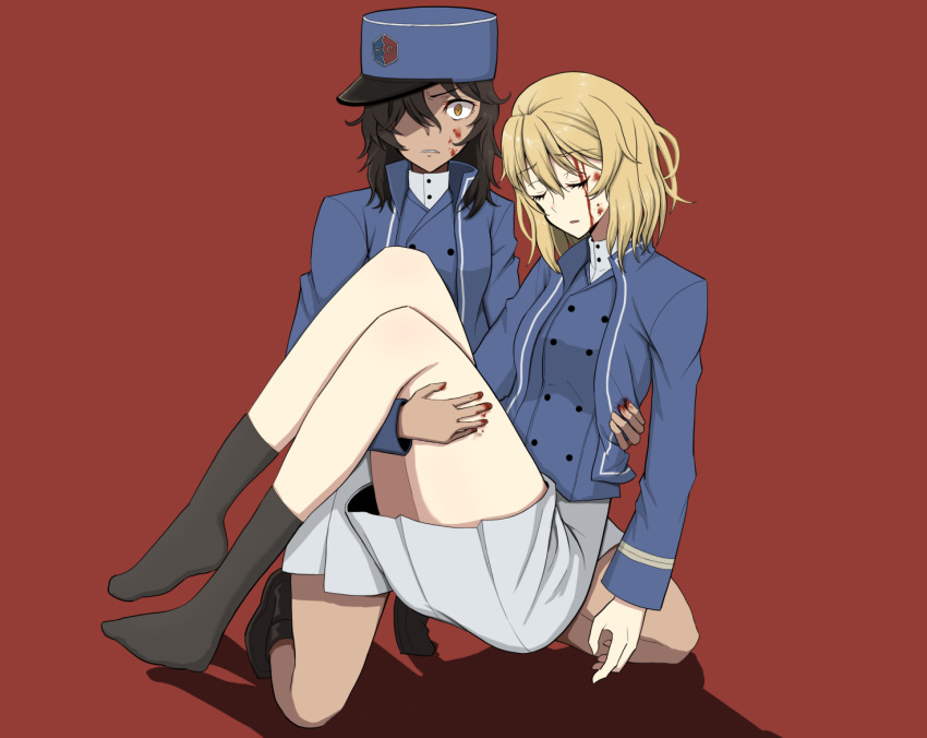 andou_(girls_und_panzer) bangs bc_freedom_(emblem) bc_freedom_military_uniform black_footwear black_hair black_legwear blonde_hair blood blood_on_face bloody_clothes blue_hat blue_jacket blue_vest boots brown_eyes carrying closed_eyes commentary_request constricted_pupils dark_skin dress_shirt emblem full_body girls_und_panzer hat high_collar jacket knee_boots kneeling long_sleeves looking_at_viewer medium_hair military military_hat military_uniform miniskirt multiple_girls oshida_(girls_und_panzer) pleated_skirt princess_carry red_background scatter shadow shako_cap shirt simple_background skirt socks uniform vest white_shirt white_skirt