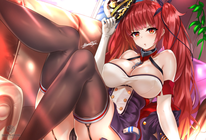 :o arm_support azur_lane bangs bare_shoulders belt black_legwear black_panties black_ribbon blush breasts buckle chain chair choker cleavage collarbone commentary dress elbow_gloves eyebrows_visible_through_hair garter_straps gloves hair_ribbon hat hat_tip highres holding holding_hat honolulu_(azur_lane) jacket jacket_removed large_breasts leg_up light_rays long_hair looking_at_viewer lounge_chair md5_mismatch nez-kun o-ring open_mouth panties peaked_cap plant red_eyes red_hair ribbon short_dress signature sitting solo thighhighs twintails underwear white_gloves window