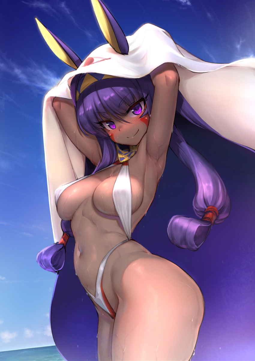 3158077 absurdres animal_ears armpits arms_up ass bangs blue_sky blush breasts cloud commentary dark_skin day eyebrows_visible_through_hair facial_mark fate/grand_order fate_(series) highleg highleg_swimsuit highres jackal_ears large_breasts long_hair looking_at_viewer navel nitocris_(fate/grand_order) nitocris_(swimsuit_assassin)_(fate) outdoors purple_eyes purple_hair sky smile solo swimsuit thighs try water wet