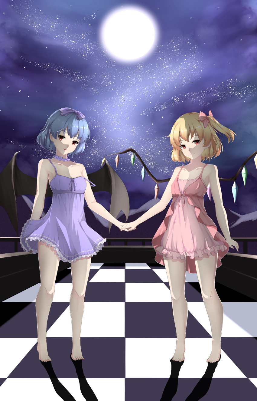 absurdres barefoot bat_wings blonde_hair blue_bow blue_ribbon bow breasts chahei checkered checkered_floor collarbone commentary crystal flandre_scarlet full_moon hair_ribbon highres holding_hands looking_at_viewer moon multiple_girls night night_sky open_mouth purple_hair red_bow red_eyes red_ribbon remilia_scarlet ribbon short_hair siblings side_ponytail sisters sky sleepwear small_breasts star_(sky) strap_pull tiptoes touhou wings