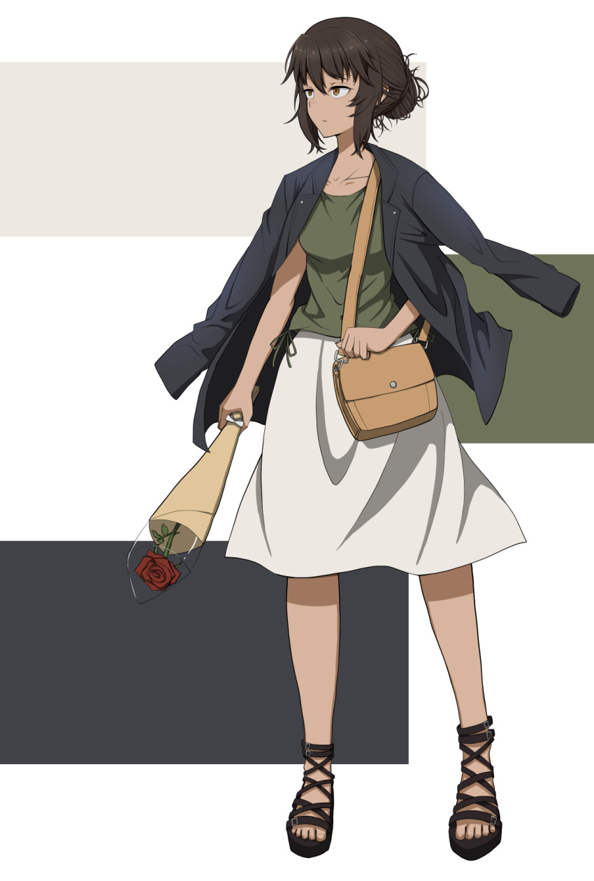 alternate_hairstyle andou_(girls_und_panzer) bag black_footwear black_hair black_jacket bouquet brown_eyes brown_shirt carrying casual closed_mouth commentary_request dark_skin flower full_body girls_und_panzer hair_up handbag highres holding jacket jacket_on_shoulders looking_to_the_side medium_skirt red_flower red_rose rose sandals scatter shirt skirt solo standing tied_hair white_skirt