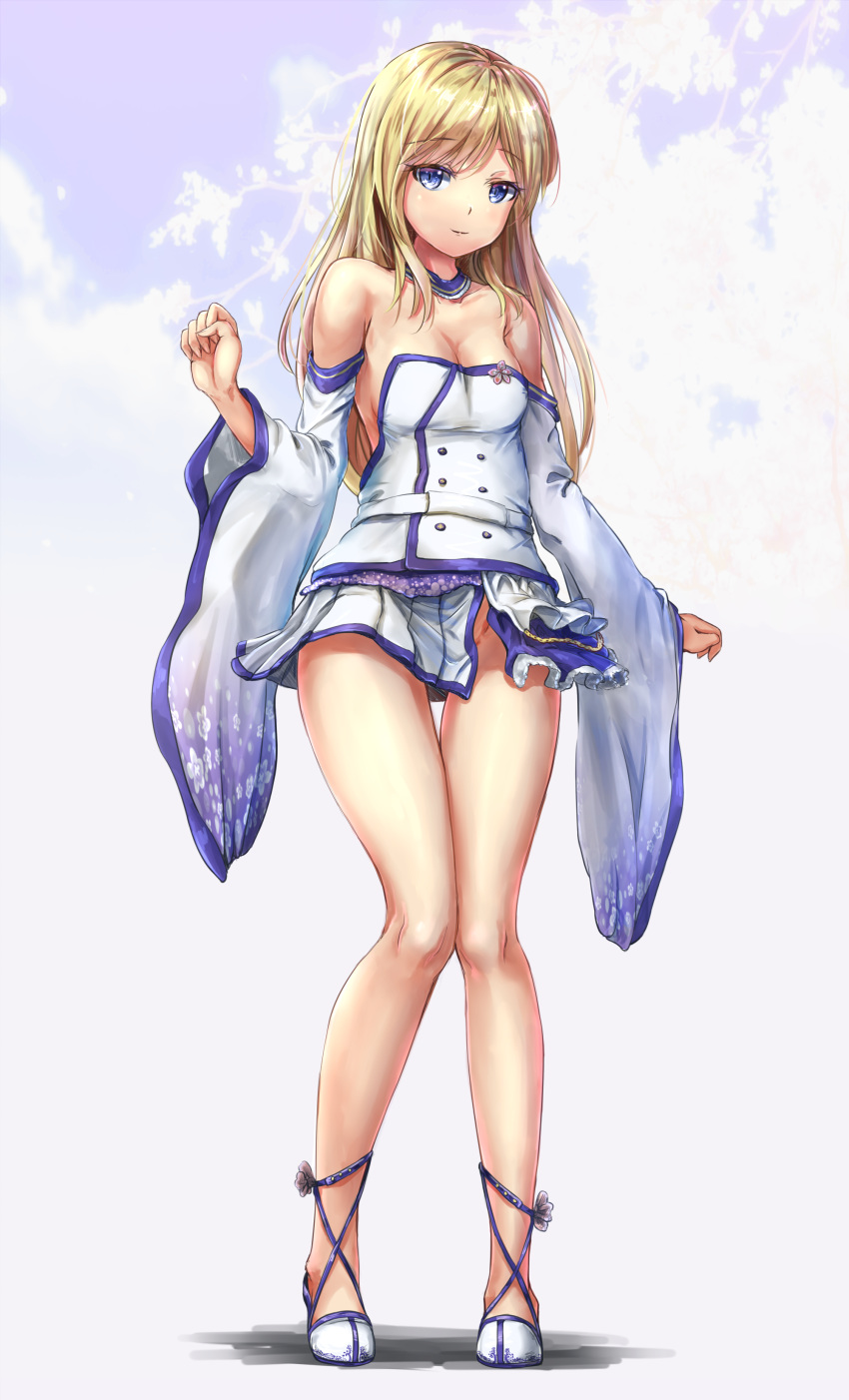 absurdres blonde_hair blue_eyes breasts closed_mouth commentary detached_collar detached_sleeves eyebrows_visible_through_hair fii_fii_(feefeeowo) full_body highres long_hair looking_at_viewer medium_breasts no_panties original solo standing