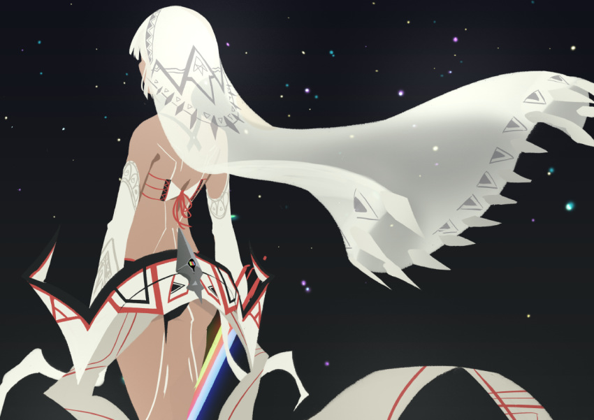 3four altera_(fate) ass back bare_shoulders black_panties bra commentary cowboy_shot dark_skin detached_sleeves facing_away fate/grand_order fate_(series) from_behind holding holding_sword holding_weapon legs_together panties photon_ray short_hair silver_hair solo standing sword tattoo underwear veil weapon