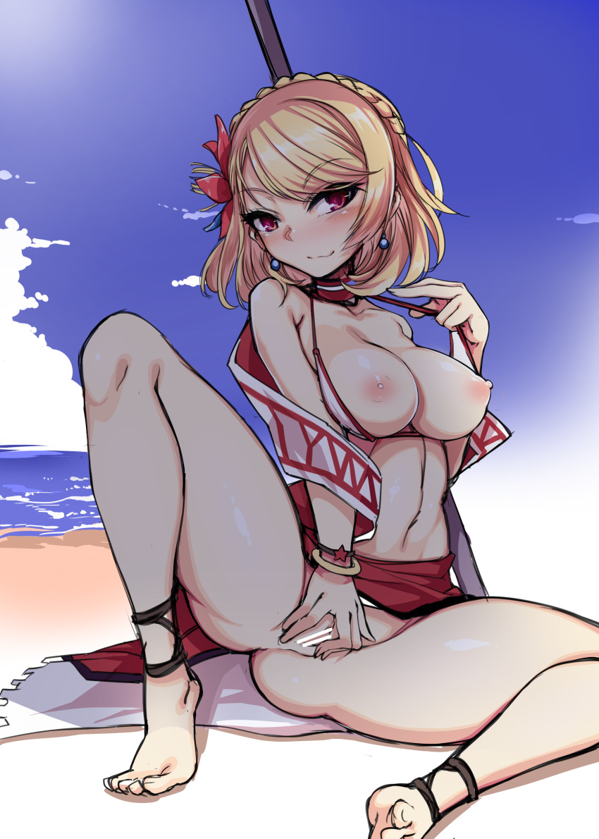 absurdres ass_visible_through_thighs azur_lane bangs bar_censor beach_umbrella bikini blonde_hair blue_earrings blush bracelet braid breasts breasts_outside censored choker cleavage closed_mouth cloud cloudy_sky collarbone commentary_request crown_braid day eyebrows_visible_through_hair flower french_braid hair_flower hair_ornament harigane_shinshi highres holding holding_umbrella jewelry looking_at_viewer medium_breasts navel nipples outdoors prince_of_wales_(azur_lane) pussy red_eyes red_flower short_hair sitting sky smile solo swept_bangs swimsuit umbrella white_bikini white_bikini_top