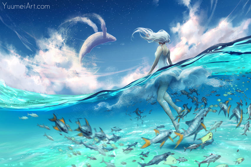 blue_sky cloud commentary day fish from_behind highres long_hair motion_blur one-piece_swimsuit original partially_submerged sky solo star_(sky) starry_sky swimsuit water watermark web_address wenqing_yan whale white_hair wind