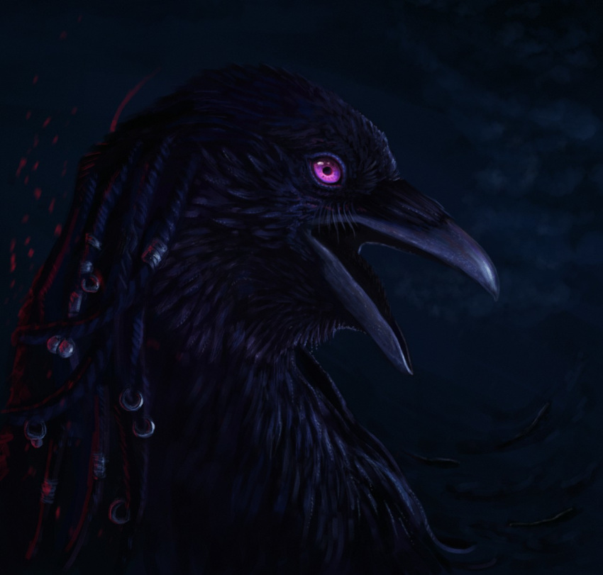 2018 ambiguous_gender avian beak bird black_beak black_feathers corvid digital_media_(artwork) dreadlocks feathers himeragoldtail purple_eyes raven