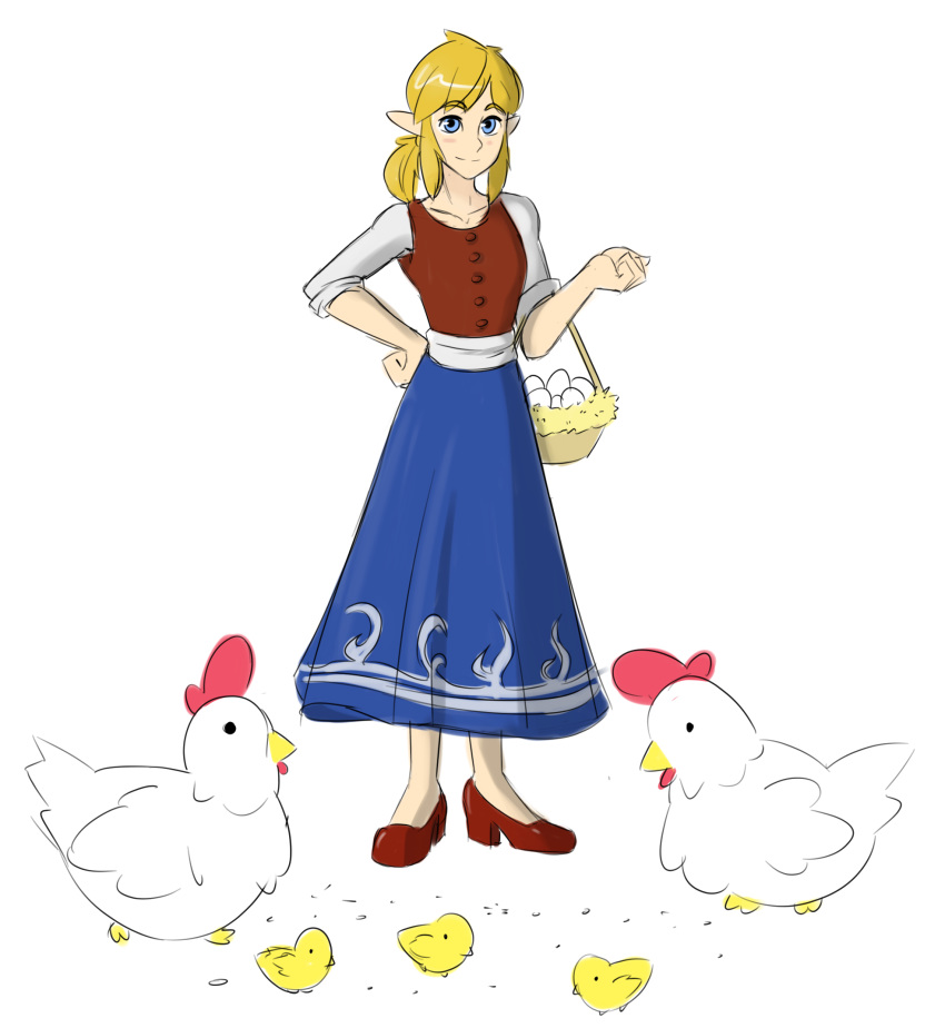 2018 avian bangs bird blonde_hair blue_eyes chicken clothed clothing crossdressing digital_media_(artwork) dress egg elf feral footwear girly hair hi_res high_heels humanoid hylian link looking_at_viewer male nintendo sealguy shoes simple_background smile solo the_legend_of_zelda video_games white_background