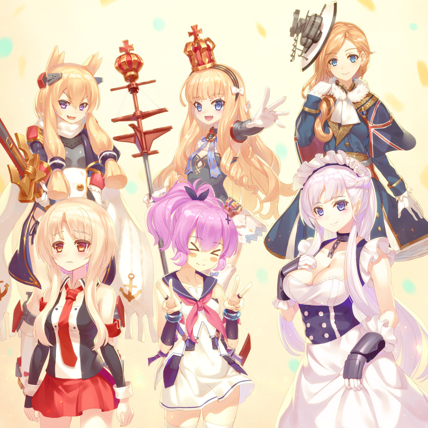 &gt;_&lt; :d anchor_symbol azur_lane bangs beige_background belfast_(azur_lane) black_jacket black_panties black_ribbon black_shirt blonde_hair blue_capelet blue_dress blue_eyes bow breasts brown_eyes capelet cleavage closed_eyes closed_mouth collarbone collared_shirt commentary_request crown detached_sleeves double_v dress eyebrows_visible_through_hair fang fringe_trim gloves hair_between_eyes hair_bow hair_ribbon hat headgear high_ponytail highres holding holding_sword holding_weapon hood_(azur_lane) jacket javelin_(azur_lane) juneau_(azur_lane) kaina_(tsubasakuronikuru) long_hair long_sleeves medium_breasts mini_crown multiple_girls neckerchief necktie open_mouth outstretched_arm panties pink_neckwear ponytail print_capelet purple_eyes purple_hair queen_elizabeth_(azur_lane) red_neckwear red_skirt ribbon scarf shirt side-tie_panties sidelocks silver_hair simple_background skirt sleeveless sleeveless_shirt smile sword thick_eyebrows underwear union_jack v v-shaped_eyebrows very_long_hair warspite_(azur_lane) weapon white_bow white_dress white_gloves white_hat white_scarf white_shirt white_skirt