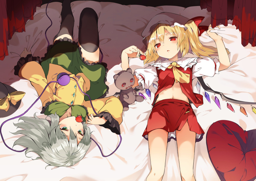 ascot bare_legs bed_sheet black_hat black_legwear blonde_hair commentary_request dress_shirt flandre_scarlet food frilled_sleeves frills fruit green_eyes hasebe_yuusaku hat hat_removed hat_ribbon headwear_removed heart heart_pillow highres holding holding_food holding_fruit indoors knee_up komeiji_koishi long_hair long_sleeves looking_at_viewer lying midriff miniskirt mob_cap multiple_girls on_back on_bed pillow puffy_short_sleeves puffy_sleeves red_eyes red_skirt ribbon sheet_grab shirt short_sleeves side_ponytail silver_hair skirt strawberry stuffed_toy thighhighs third_eye touhou white_hat wings yellow_neckwear