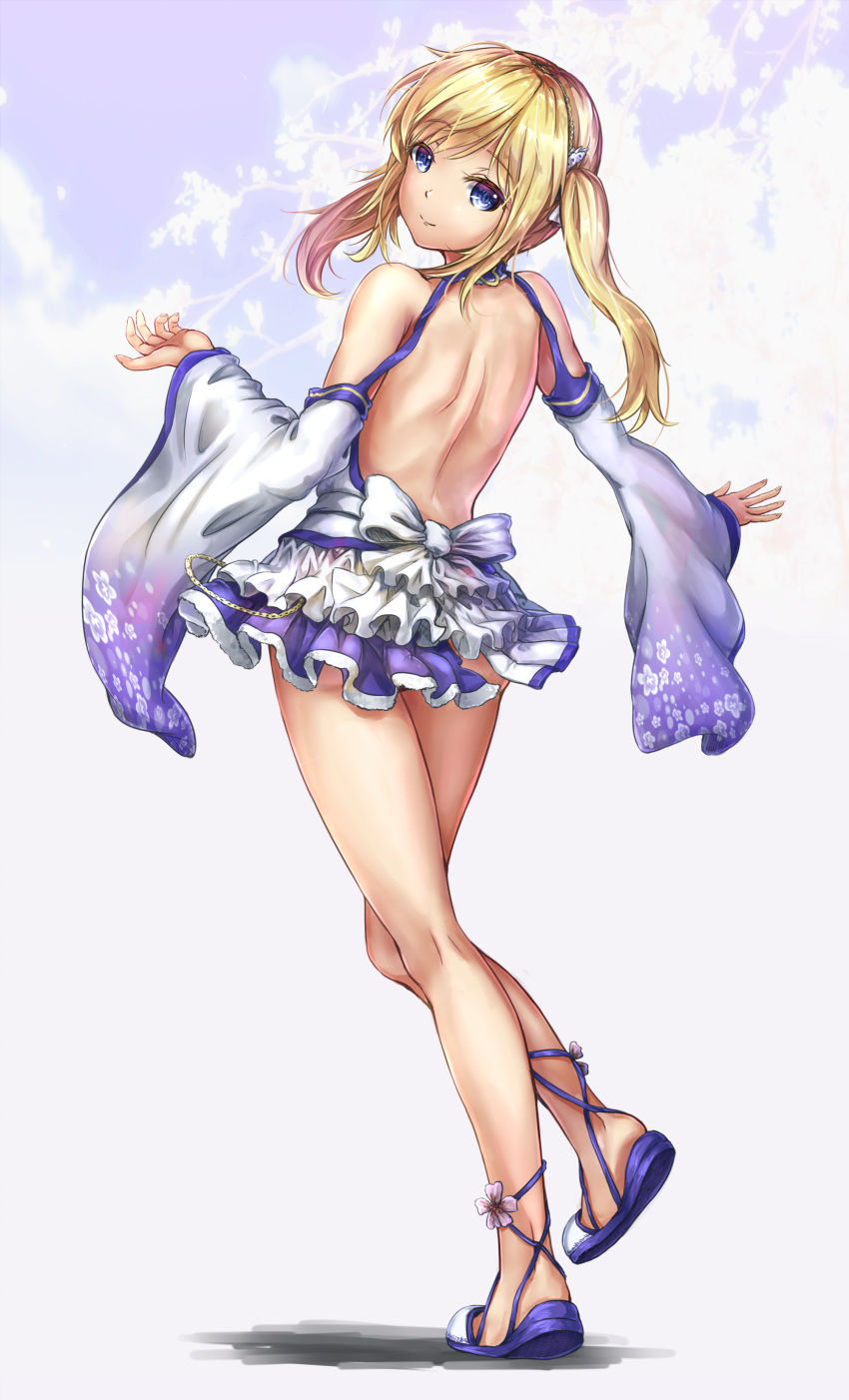 absurdres bare_back blonde_hair blue_eyes closed_mouth commentary detached_collar detached_sleeves eyebrows_visible_through_hair fii_fii_(feefeeowo) full_body highres long_hair looking_at_viewer no_panties original side_ponytail smile solo standing