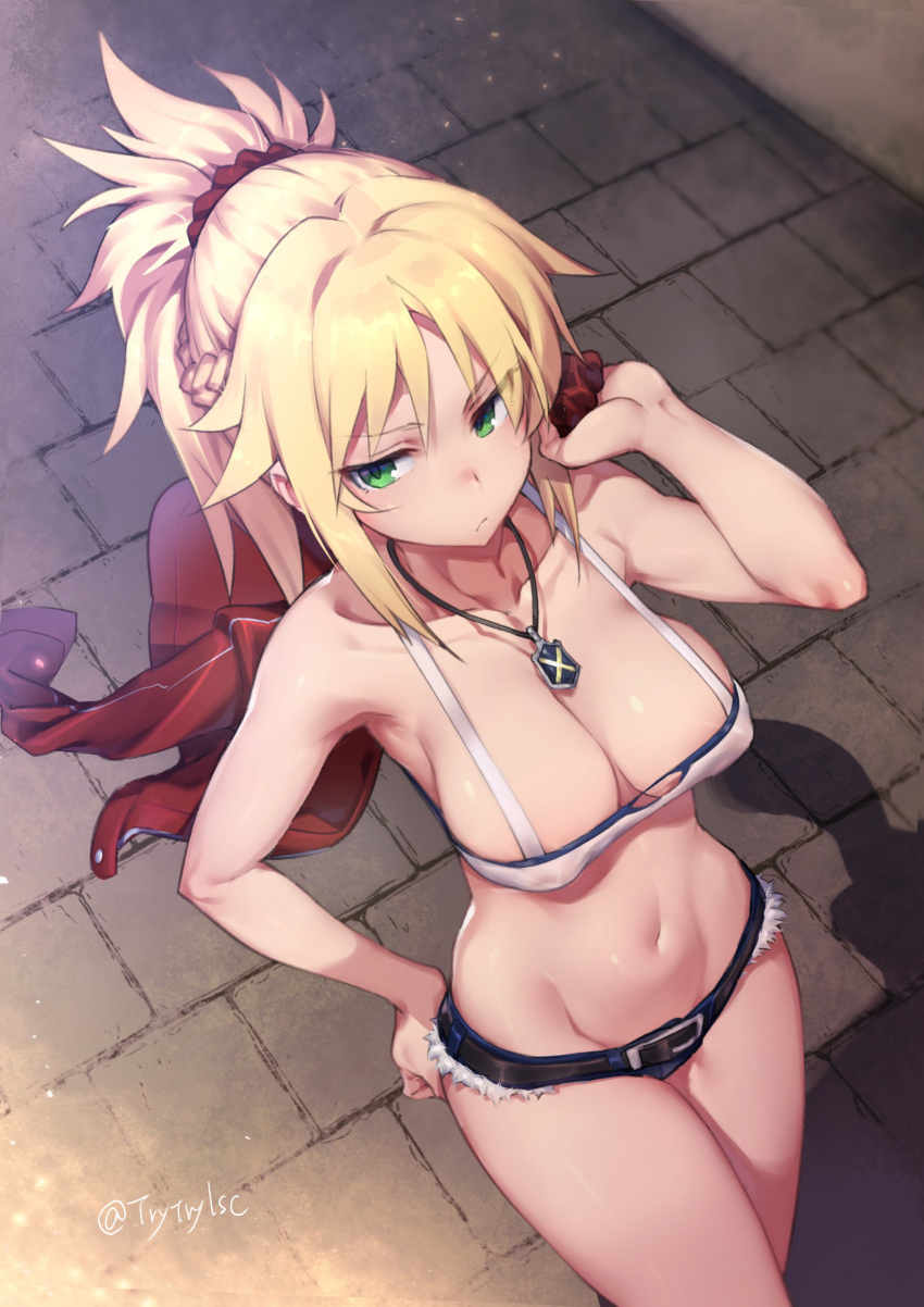 absurdres alternate_breast_size armpits artist_name blonde_hair braid breasts cleavage closed_mouth cowboy_shot cutoffs denim denim_shorts dutch_angle fate/apocrypha fate_(series) french_braid green_eyes hair_ornament hand_on_hip highres jacket jacket_over_shoulder jewelry medium_breasts midriff mordred_(fate) mordred_(fate)_(all) navel necklace ponytail red_scrunchie revealing_clothes scrunchie short_shorts shorts solo strapless try tubetop twitter_username