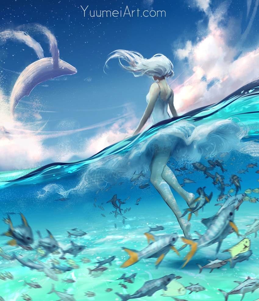 blue_sky cloud day fish from_behind highres long_hair motion_blur one-piece_swimsuit original partially_submerged sky solo star_(sky) starry_sky swimsuit water watermark web_address wenqing_yan whale white_hair wind