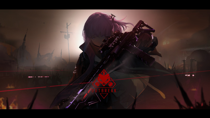 absurdres ar-15 bangs black_gloves blue_eyes border buckle cenm0 commentary dress dusk eyebrows_visible_through_hair eyes_visible_through_hair factory fire floating_hair girls_frontline gloves gun hair_ornament highres holding jacket letterboxed long_hair looking_away magpul mod3_(girls_frontline) multicolored_hair one_side_up outdoors parted_lips pink_hair rainbow_six_siege rifle ruins scarf scope side_ponytail sidelocks smirk st_ar-15_(girls_frontline) strap streaked_hair trigger_discipline weapon