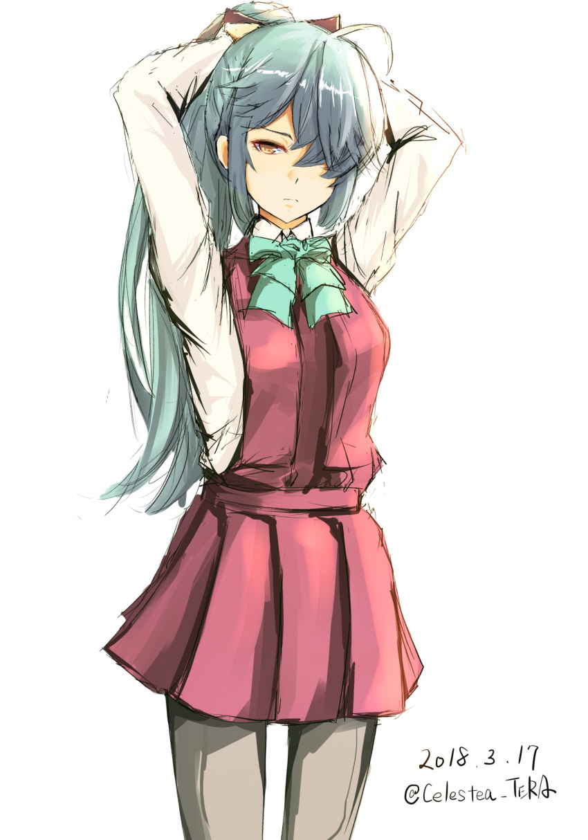 ahoge arms_up bangs black_ribbon bow bowtie braid brown_eyes brown_legwear celestea_tera closed_mouth commentary dated dress expressionless grey_hair hair_bow hair_over_eyes hair_over_one_eye hair_ribbon half-closed_eye hamanami_(kantai_collection) highres kantai_collection long_hair long_sleeves looking_at_viewer pantyhose ribbon school_uniform shirt simple_background single_braid sketch solo twitter_username tying_hair white_background white_shirt
