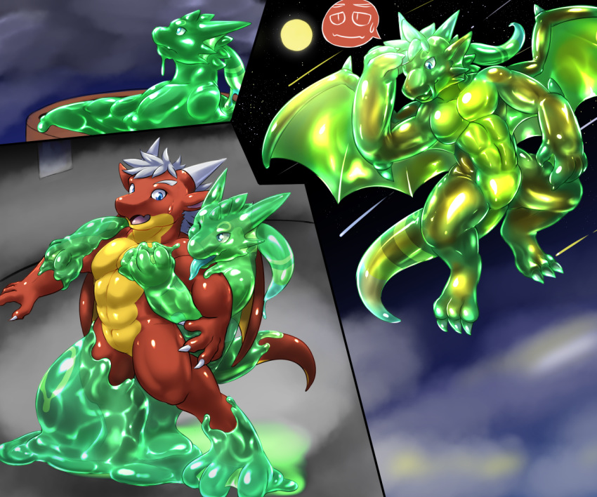 abs claws danny dragon featureless_crotch flying fur furred_dragon goo goo_transformation horn jello_(character) male muscular pecs tonde transformation