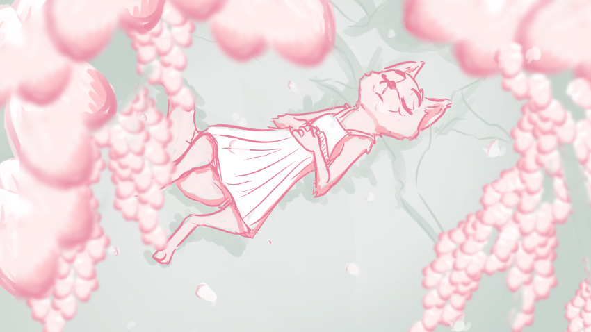 2018 anthro canine cherry_blossom clasped_hands clothed clothing disney dress eyes_closed female fox ittybittykittytittys lying mammal on_back outside plant restricted_palette skye_(zootopia) sleeping solo zootopia