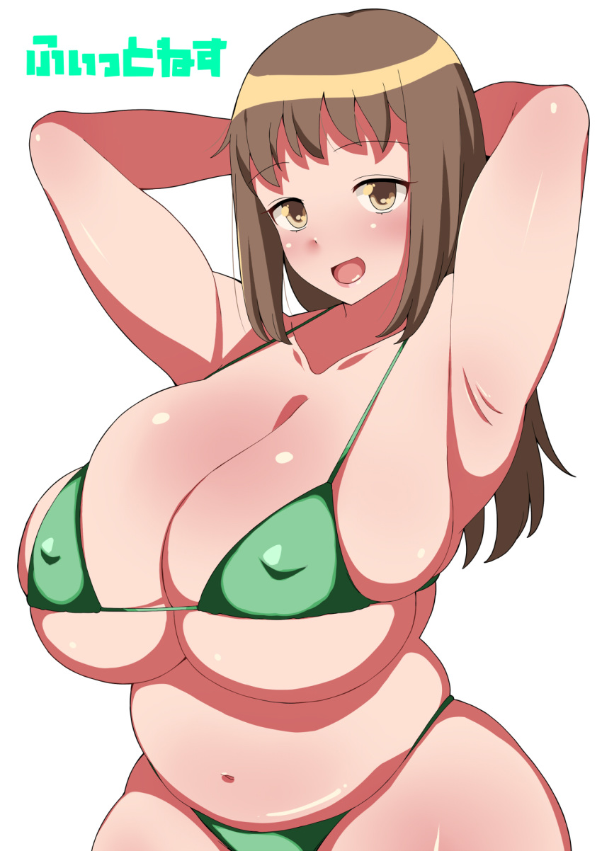 armpits arms_behind_head arms_up belly breasts brown_eyes brown_hair cleavage covered_nipples curvy fat highres huge_breasts komusou_(jinrikisha) long_hair looking_at_viewer navel original plump simple_background skindentation smile solo thick_thighs thighs translation_request white_background