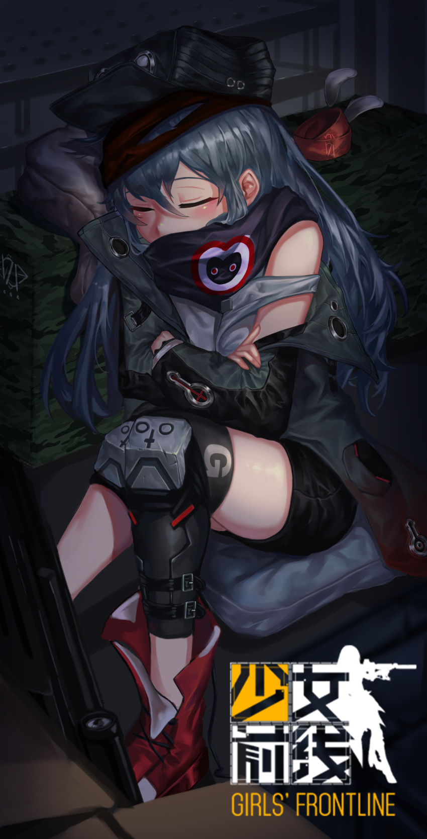 absurdres ahoge armband assault_rifle bangs black_scarf blush boots buckle closed_eyes commentary_request covered_mouth crossed_arms daeno eyebrows_visible_through_hair g11 g11_(girls_frontline) girls_frontline green_jacket gun hair_between_eyes hat heckler_&amp;_koch highres jacket knee_boots knee_pads logo long_hair messy_hair off_shoulder open_clothes pillow red_footwear red_scarf rifle scarf scarf_on_head scope shirt shorts shoulder_cutout sidelocks silver_hair sitting sleeping solo strap thighhighs thighs very_long_hair weapon white_shirt