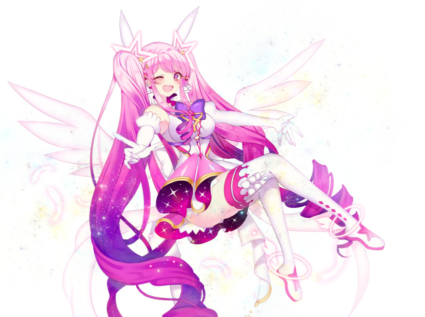 ;d aisha_(elsword) back_bow blanket_(kkbjah) boots bow curly_hair elbow_gloves elsword full_body gloves gradient_hair hair_ornament long_hair looking_at_viewer magical_girl metamorphy_(elsword) multicolored_hair one_eye_closed open_mouth pink_hair purple_bow purple_eyes purple_hair sidelocks simple_background smile solo sparkle thigh_boots thighhighs twintails white_background white_footwear white_gloves white_wings wings
