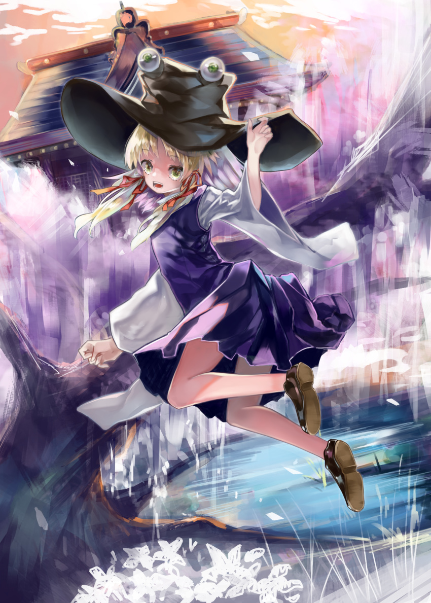 abstract_background architecture blonde_hair blue_skirt blue_vest curled_fingers east_asian_architecture flower folded_leg full_body gradient_sky green_eyes hair_ribbon hand_on_headwear hat highres jumping lake loafers long_sleeves looking_at_viewer moriya_suwako open_mouth outdoors ribbon shoes short_hair shrine sidelocks skirt sky solo teeth touhou tree twilight vest wide_sleeves zhu_xiang