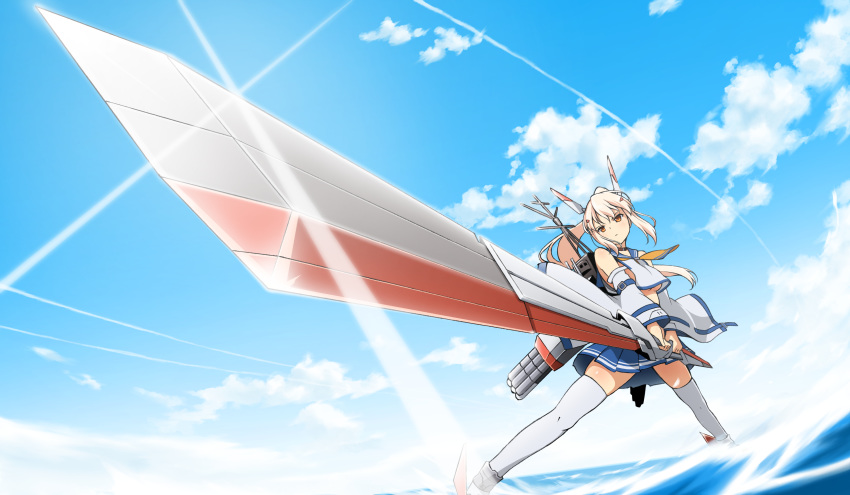 absurdres ayanami_(azur_lane) azur_lane blonde_hair breasts cloud cloudy_sky commentary commentary_request day detached_sleeves highres kumichou_(ef65-1118-ef81-95) long_hair medium_breasts orange_eyes partial_commentary pleated_skirt ponytail remodel_(azur_lane) sailor_collar skindentation skirt sky solo standing standing_on_liquid sunrise_stance sword thighhighs torpedo_tubes underboob weapon white_legwear zettai_ryouiki