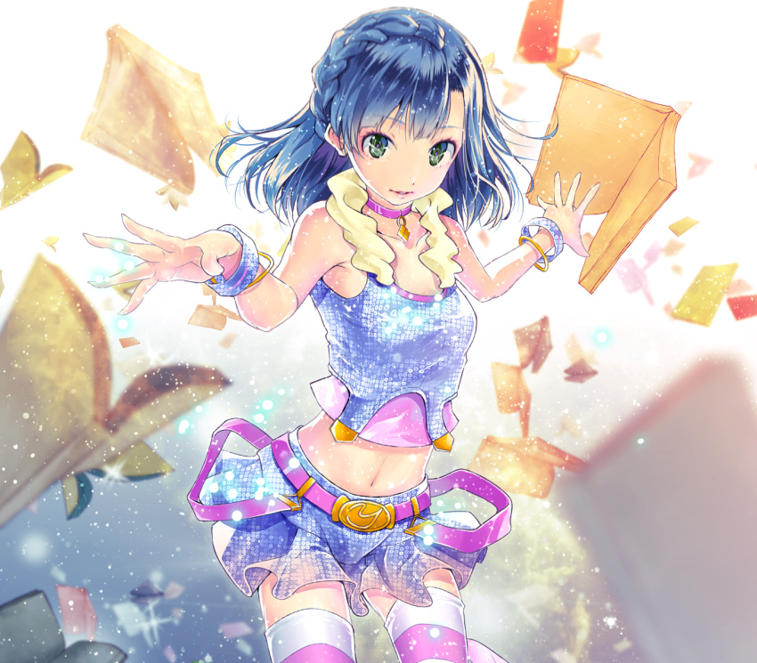 bangle blue_hair book bracelet choker commentary_request cowboy_shot dress highres idolmaster idolmaster_million_live! jewelry midriff nanao_yuriko navel open_book parted_lips short_hair solo sparkle thighhighs yae_(mono110) yellow_eyes
