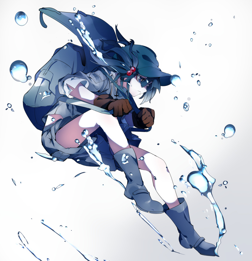 black_footwear boots brown_gloves commentary_request full_body gloves goggles hair_ornament hair_tie hat highres ikurauni kawashiro_nitori long_hair looking_down sidelocks solo touhou underwater